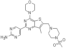 structure of CAS# 1032754-81-6, GNE 477;5-[7-Methyl-4-(morpholin-4-yl)-6-[(4-methylsulfonylpiperazin-1-yl)methyl]thieno[3,2-d]pyrimidin-2-yl]pyrimidin-2-amine