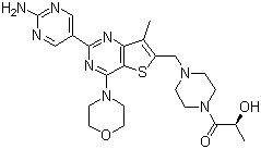 structure of CAS# 1032754-93-0, GNE 390;(S)-1-[4-[[2-(2-Aminopyrimidin-5-yl)-7-methyl-4-(morpholin-4-yl)thieno[3,2-d]pyrimidin-6-yl]methyl]piperazin-1-yl]-2-hydroxypropan-1-one