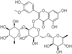 structure of CAS# 104472-68-6, Typhaneoside;3-((O-6-Deoxy-alpha-L-mannopyranosyl-(1-2)-O-(6-deoxy-alpha-L-mannopyranosyl-(1-6))-beta-D-glucopyranosyl)oxy)-5,7-dihydroxy-2-(4-hydroxy-3-methoxyphenyl)-4H-1-benzopyran-4-one