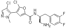 structure of CAS# 1047634-65-0, Uprosertib;N-[(1S)-2-Amino-1-[(3,4-difluorophenyl)methyl]ethyl]-5-chloro-4-(4-chloro-1-methyl-1H-pyrazol-5-yl)-2-furancarboxamide; GSK 2141795C