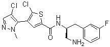 structure of CAS# 1047644-62-1, Afuresertib;N-[(1S)-2-Amino-1-[(3-fluorophenyl)methyl]ethyl]-5-chloro-4-(4-chloro-1-methyl-1H-pyrazol-5-yl)-2-thiophenecarboxamide; GSK 2110183C