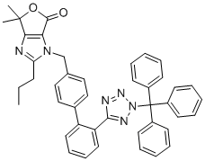 structure of CAS# 1048948-15-7, Olmesartan medoxomil Cyclic impurty N2-Trityl;3,6-Dihydro-6,6-diMethyl-2-propyl-3-[[2'-[2-(triphenylMethyl)-2H-tetrazol-5-yl][1,1'-biphenyl]-4-yl]Methyl]-4H-furo[3,4-d]iMidazol-4-one