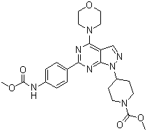 structure of CAS# 1062169-56-5, WYE 354;4-[6-[4-[(Methoxycarbonyl)amino]phenyl]-4-(4-morpholinyl)-1H-pyrazolo[3,4-d]pyrimidin-1-yl]-1-piperidinecarboxylic acid methyl ester