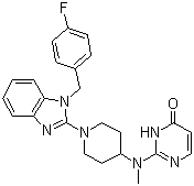 结构式 CAS# 108612-45-9, 咪唑司汀; 2-[[1-[1-[(4-氟苯基)甲基]苯并咪唑-2-基]-4-哌啶基]-甲基氨基]-3H-嘧啶-4-酮