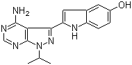 structure of CAS# 1092351-67-1, PP 242;2-[4-Amino-1-(1-methylethyl)-1H-pyrazolo[3,4-d]pyrimidin-3-yl]-1H-indol-5-ol