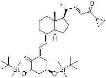 结构式 CAS# 112849-17-9, 钙泊三醇中间体-9; (2E,4R)-4-[(1R,3aS,4E,7aR)-4-[(2E)-2-[(3S,5R)-3,5-双[[(叔丁基)二甲基硅]氧基]-2-亚甲基环己亚基]乙烯基]八氢-7a-甲基-1H-茚-1-基]-1-环丙基-2-戊烯-1-酮