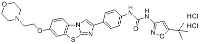 structure of CAS# 1132827-21-4, Quizartinib Dihydrochloride;1-(5-tert-butyl-1,2-oxazol-3-yl)-3-[4-[6-(2-morpholin-4-ylethoxy)imidazo[2,1-b][1,3]benzothiazol-2-yl]phenyl]urea;dihydrochloride