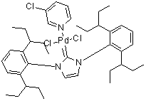 structure of CAS# 1158652-41-5, (SP-4-1)-[1,3-Bis[2,6-bis(1-ethylpropyl)phenyl]-1,3-dihydro-2H-imidazol-2-ylidene]dichloro(3-chloropyridine)palladium;1,3-bis[2,6-di(pentan-3-yl)phenyl]-2H-imidazole;3-chloropyridine;palladium(2+);dichloride