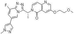 structure of CAS# 1173699-31-4, 6-[(1R)-1-[8-Fluoro-6-(1-methyl-1H-pyrazol-4-yl)-1,2,4-triazolo[4,3-a]pyridin-3-yl]ethyl]-3-(2-methoxyethoxy)-1,6-naphthyridin-5(6H)-one;Compound M