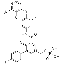 structure of CAS# 1174161-69-3, [3-[[4-((2-Amino-3-chloropyridin-4-yl)oxy)-3-fluorophenyl]carbamoyl]-5-(4-fluorophenyl)-4-oxo-4H-pyridin-1-yl]methyl dihydrogen phosphate