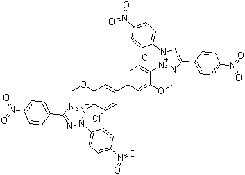 结构式 CAS# 1184-43-6, 四硝基四氮唑蓝; 硝基四唑兰; 3,3'-(3,3'-二甲氧基[1,1'-联苯]-4,4'-二基)双[2,5-双(对硝基苯基)-2H-四唑鎓]二氯化物