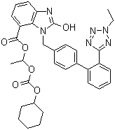 structure of CAS# 1185256-03-4, 2-Desethoxy-2-hydroxy-2H-2-ethyl Candesartan Cilexetil;3-[[2'-(2-Ethyl-2H-tetrazol-5-yl)[1,1'-biphenyl]-4-yl]methyl]-2,3-dihydro-2-oxo-1H-benzimidazole-4-carboxylic acid 1-[[(cyclohexyloxy)carbonyl]oxy]ethyl ester