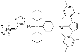 structure of CAS# 1190427-49-6, Dichloro[1,3-dihydro-1,3-bis(2,4,6-trimethylphenyl)-2H-imidazol-2-ylidene](2-thienylmethylene)(tricyclohexylphosphine)ruthenium