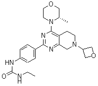 结构式 CAS# 1207360-89-1, GDC-0349; N-Ethyl-N'-[4-[5,6,7,8-四氢-4-[(3S)-3-甲基-4-吗啉基]-7-(3-氧杂环丁基)吡啶并[3,4-d]嘧啶-2-基]苯基]脲