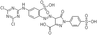 structure of CAS# 12225-86-4, Reactive Orange 14;4-[[4-[(4,6-Dichloro-1,3,5-triazin-2-yl)amino]-2-sulphophenyl]azo]-4,5-dihydro-5-oxo-1-(4-sulphophenyl)-1H-pyrazole-3-carboxylic acid