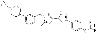 structure of CAS# 1227158-85-1, BAY 87-2243;1-Cyclopropyl-4-[4-[[5-methyl-3-[3-[4-(trifluoromethoxy)phenyl]-1,2,4-oxadiazol-5-yl]-1H-pyrazol-1-yl]methyl]-2-pyridinyl]piperazine