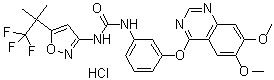 structure of CAS# 1227678-26-3, CEP-32496 (hydrochloride);N-[3-[(6,7-Dimethoxy-4-quinazolinyl)oxy]phenyl]-N'-[5-(2,2,2-trifluoro-1,1-dimethylethyl)-3-isoxazolyl]urea hydrochloride
