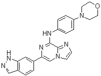 structure of CAS# 1229208-44-9, GS 9973;6-(1H-Indazol-6-yl)-N-[4-(4-morpholinyl)phenyl]imidazo[1,2-a]pyrazin-8-amine