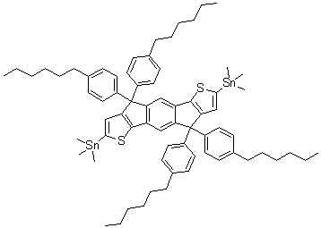 structure of CAS# 1252555-61-5, 4,4,9,9-Tetrakis(4-hexylphenyl)-2,7-bis(trimethylstannyl)-4,9-dihydro-s-indaceno[1,2-b:5,6-b]dithiophene;1,1'-[4,4,9,9-Tetrakis(4-hexylphenyl)-4,9-dihydro-s-indaceno[1,2-b:5,6-b']dithiophene-2,7-diyl]bis[1,1,1-trimethylstannane]