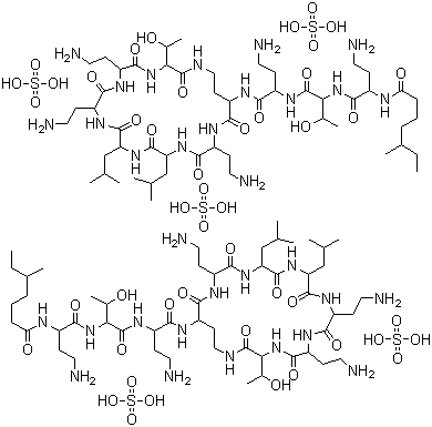 structure of CAS# 1264-72-8, Colistin sulfate;N-[3-Amino-1-[[1-[[3-amino-1-[[6,9,18-tris(2-aminoethyl)-3-(1-hydroxyethyl)-12,15-bis(2-methylpropyl)-2,5,8,11,14,17,20-heptaoxo-1,4,7,10,13,16,19-heptazacyclotricos-21-yl]carbamoyl]propyl]carbamoyl]-2-hydroxy-propyl]carbamoyl]propyl]-5-methyl-heptanamide sulfate