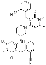structure of CAS# 1268836-55-0, 2-[[6-[(3R)-3-[[3-[(2-Cyanophenyl)methyl]-1,2,3,6-tetrahydro-1-methyl-2,6-dioxo-4-pyrimidinyl]amino]-1-piperidinyl]-3,4-dihydro-3-methyl-2,4-dioxo-1(2H)-pyrimidinyl]methyl]benzonitrile
