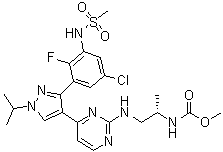 structure of CAS# 1269440-17-6, Encorafenib;LGX 818; methyl N-[(2S)-1-[[4-[3-[5-chloro-2-fluoro-3-(methanesulfonamido)phenyl]-1-propan-2-ylpyrazol-4-yl]pyrimidin-2-yl]amino]propan-2-yl]carbamate