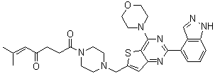 结构式 CAS# 1276105-89-5, 1-[4-[[2-(1H-吲唑-4-基)-4-(4-吗啉基)噻吩并[3,2-d]嘧啶-6-基]甲基]-1-哌嗪基]-6-甲基-5-庚烯-1,4-二酮