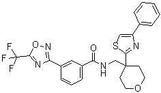 structure of CAS# 1314890-29-3, N-[[Tetrahydro-4-(4-phenyl-2-thiazolyl)-2H-pyran-4-yl]methyl]-3-[5-(trifluoromethyl)-1,2,4-oxadiazol-3-yl]benzamide;TMP269