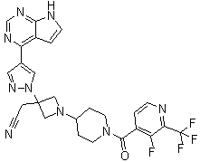 structure of CAS# 1334298-90-6, Itacitinib;INCB 039110; 1-[1-[[3-Fluoro-2-(trifluoromethyl)-4-pyridinyl]carbonyl]-4-piperidinyl]-3-[4-(7H-pyrrolo[2,3-d]pyrimidin-4-yl)-1H-pyrazol-1-yl]-3-azetidineacetonitrile