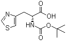 structure of CAS# 134107-69-0, N-Boc-D-(4-thiazolyl)alanine;(R)-alpha-[[(1,1-Dimethylethoxy)carbonyl]amino]-4-thiazolepropanoic acid; (alphaR)-alpha-[[(1,1-Dimethylethoxy)carbonyl]amino]-4-thiazolepropanoic acid ; 2-(R)-tert-Butoxycarbonylamino-3-(thiazol-4-yl)propionic acid