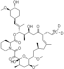 structure of CAS# 1356841-89-8, Tacrolimus-<sup>13</sup>C;(3S,4R,5S,8R,9E,12S,14S,15R,16S,18R,19R,26aS)-5,6,8,11,12,13,14,15,16,17,18,19,24,25,26,26a-Hexadecahydro-5,19-dihydroxy-3-[(1E)-2-[(1R,3R,4R)-4-hydroxy-3-methoxycyclohexyl]-1-methylethenyl]-14,16-dimethoxy-4,10,12,18-tetramethyl-8-(2-propenyl-3-<sup>13</sup>C-d<sub>2</sub>)-15,19-epoxy-3H-pyrido[2,1-c][1,4]oxaazacyclotricosine-1,7,20,21(4H,23H)-tetrone