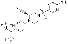 structure of CAS# 1361224-53-4, AMG 3969;2-[4-[(2S)-4-[(6-Amino-3-pyridinyl)sulfonyl]-2-(1-propyn-1-yl)-1-piperazinyl]phenyl]-1,1,1,3,3,3-hexafluoro-2-propanol
