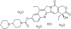 structure of CAS# 136572-09-3, Irinotecan hydrochloride trihydrate;(S)-[1,4'-Bipiperidine]-1'-carboxylic acid 4,11-diethyl-3,4,12,14-tetrahydro-4-hydroxy-3,14-dioxo-1H-pyrano[3',4':6,7]indolizino[1,2-b]quinolin-9-yl ester hydrochloride trihydrate