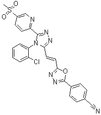 structure of CAS# 1380672-07-0, 4-[5-[(1E)-2-[4-(2-Chlorophenyl)-5-[5-(methylsulfonyl)-2-pyridinyl]-4H-1,2,4-triazol-3-yl]ethenyl]-1,3,4-oxadiazol-2-yl]benzonitrile