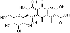structure of CAS# 1390-65-4, Carmine;7-beta-D-Glucopyranosyl-3,5,6,8-tetrahydroxy-1-methyl-9,10-dioxo-anthracene-2-carboxylic acid