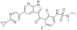结构式 CAS# 1393465-84-3, 5-(2-环丙基嘧啶-5-基)-3-[3-[[乙基(甲基)氨基磺酰基]氨基]-2,6-二氟苯甲酰]-1H-吡咯并[2,3-b]吡啶