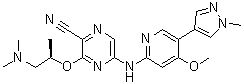 结构式 CAS# 1404095-34-6, 3-[(1R)-2-(二甲基氨基)-1-甲基乙氧基]-5-[[4-甲氧基-5-(1-甲基-1H-吡唑-4-基)-2-吡啶基]氨基]-2-吡嗪甲腈