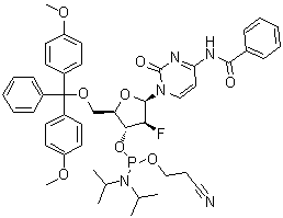 结构式 CAS# 1404463-12-2, N-[1-[5-O-[双(4-甲氧基苯基)苯基甲基]-3-O-[[双(1-甲基乙基)氨基](2-氰基乙氧基)膦基]-2-脱氧-2-氟-beta-D-呋喃阿拉伯糖基]-1,2-二氢-2-氧代-4-嘧啶基]苯甲酰胺