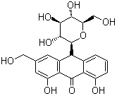 structure of CAS# 1415-73-2, Aloin;Barbaloin; 1,8-Dihydroxy-10-(beta-D-glucopyranosyl)-3-(hydroxymethyl)-9(10H)-anthracenone; 10-beta-D-Glucopyranosyl-1,8-dihydroxy-3-(hydroxymethyl)-9(10H)-anthracenone