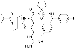 结构式 CAS# 1417329-24-8, 1-[[(2S)-5-[(氨基亚胺甲基)氨基]-2-[[2-乙基-2-[(2-甲基-1-氧代丙基)氨基]-1-氧代丁基]氨基]-1-氧代戊基]氨基]-N-[二(4-氟苯基)甲基]环戊烷甲酰胺]