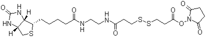 structure of CAS# 142439-92-7, Succinimidyl 3-[3-[2-(biotinamido)ethyl]amino-3-oxopropyl]dithio]propionate;(3aS,4S,6aR)-N-[2-[[3-[[3-[(2,5-Dioxo-1-pyrrolidinyl)oxy]-3-oxopropyl]dithio]-1-oxopropyl]amino]ethyl]hexahydro-2-oxo-1H-thieno[3,4-d]imidazole-4-pentanamide