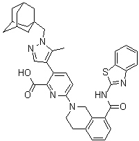 structure of CAS# 1430844-80-6, 6-[8-[(2-Benzothiazolylamino)carbonyl]-3,4-dihydro-2(1H)-isoquinolinyl]-3-[5-methyl-1-(tricyclo[3.3.1.1(3,7)]dec-1-ylmethyl)-1H-pyrazol-4-yl]-2-pyridinecarboxylic acid