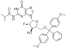 5'-O-[Bis(4-methoxyphenyl)phenylmethyl]-2'-deoxy-2'-fluoro-N-(2-methyl-1-oxopropyl)guanosine molecular structure (CAS 144089-96-3)
