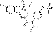 structure of CAS# 144171-61-9, Indoxacarb;Methyl 7-chloro-2,5-dihydro-2-[N-(methoxycarbonyl)-4-(trifluoromethoxy)anilinocarbonyl]indeno[1,2-e][1,3,4]oxadiazine-4a(3H)carboxylate; 7-Chloro-2,5-dihydro-2-(((methoxycarbonyl)(4-(trifluoromethoxy)phenyl)amino)carbonyl)-indeno[1,2-e][1,3,4]oxadiazine-4a(3H)-carboxylic acid methyl ester