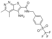 structure of CAS# 1451993-15-9, 5-Amino-3,4-dimethyl-N-[[4-[(trifluoromethyl)sulfonyl]phenyl]methyl]thieno[2,3-c]pyridazine-6-carboxamide;VU0467154;5-amino-3,4-dimethyl-N-[[4-[(trifluoromethyl)sulfonyl]phenyl]methyl]-Thieno[2,3-c]pyridazine-6-carboxamide