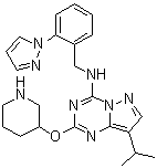 structure of CAS# 1453834-21-3, 8-(1-Methylethyl)-2-(3-piperidinyloxy)-N-[[2-(1H-pyrazol-1-yl)phenyl]methyl]pyrazolo[1,5-a]-1,3,5-triazin-4-amine;LDC 4297
