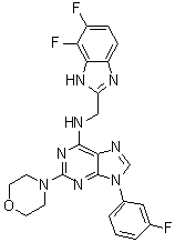 结构式 CAS# 1454585-06-8, N-[(6,7-二氟-1H-苯并咪唑-2-基)甲基]-9-(3-氟苯基)-2-(4-吗啉基)-9H-嘌呤-6-胺