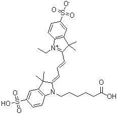 结构式 CAS# 146368-13-0, 2-[3-[1-(5-羧基戊基)-1,3-二氢-3,3-二甲基-5-磺基-2H-吲哚-2-亚基]-1-丙烯-1-基]-1-乙基-3,3-二甲基-5-磺基-3H-吲哚鎓内盐