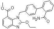 structure of CAS# 147404-76-0, Azilsartan impurity A;1-[[2'-(Aminocarbonyl)[1,1'-biphenyl]-4-yl]methyl]-2-ethoxy-1H-benzimidazole-7-carboxylic acid methyl ester