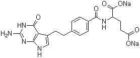 structure of CAS# 150399-23-8, Pemetrexed disodium;N-[4-[2-(2-amino-4,7-dihydro-4-oxo-1H-pyrrolo[2,3-d]pyrimidin-5-yl)ethyl]benzoyl]-L-glutamic acid disodium salt